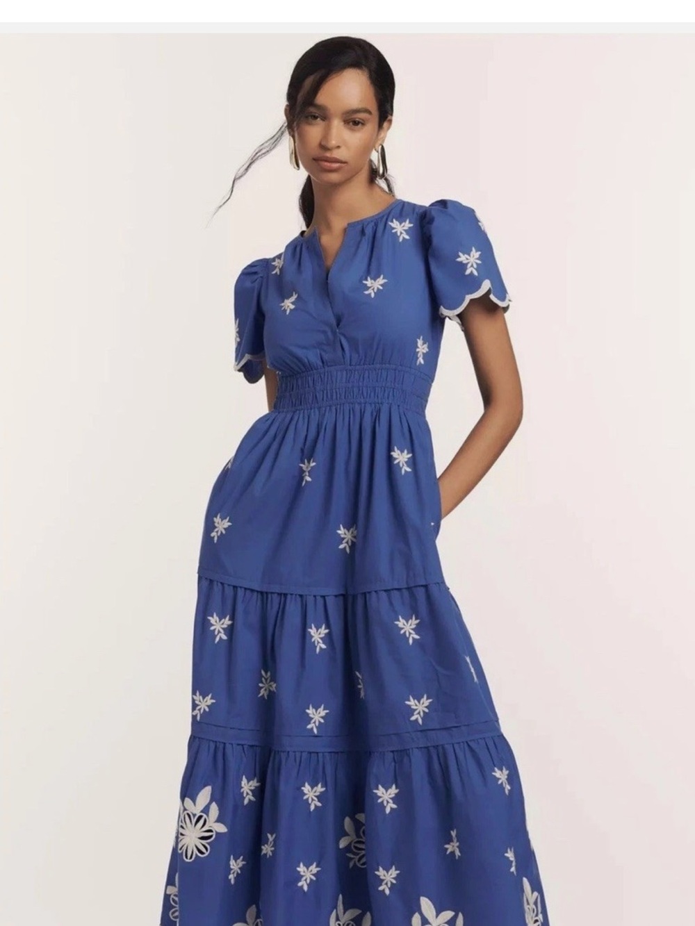 Anthropologie Somerset Blue Embroidered Tiered Maxi Dress
